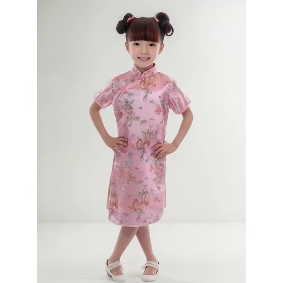 Vestido Infantil Com Estampa De Dragão E Fênix - Rosa