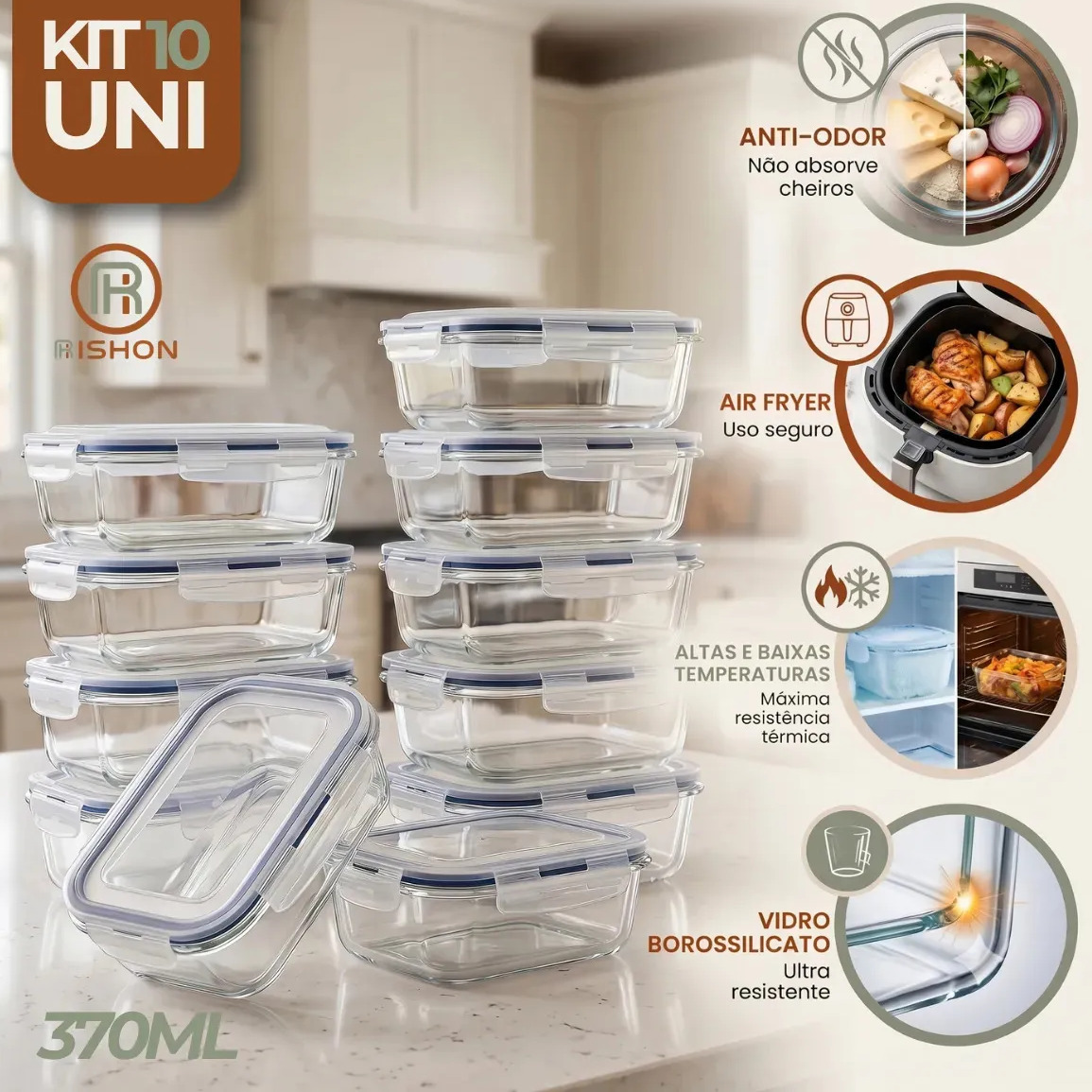 Kit 10 Pote De Vidro Marmita Hermético 370ml Freezer Fitness Rishon