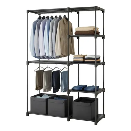 Guarda-roupa Portátil Com Prateleiras, Cabideiro De Roupas Preto