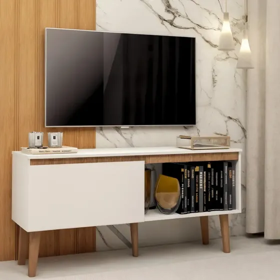 Rack Para Sala Branco Retrô 130cm Madeira Para Tv Até 55 Pol Berlin 107cm