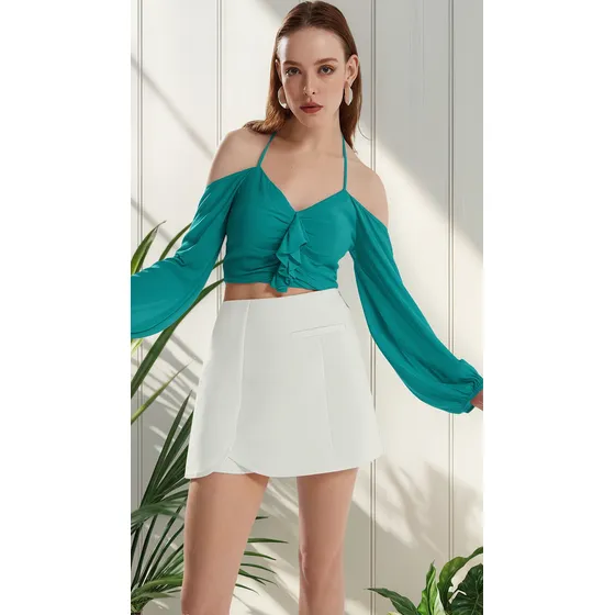 Blusa Iódice Frente Única Manga Longa Com Babado Verde Claro