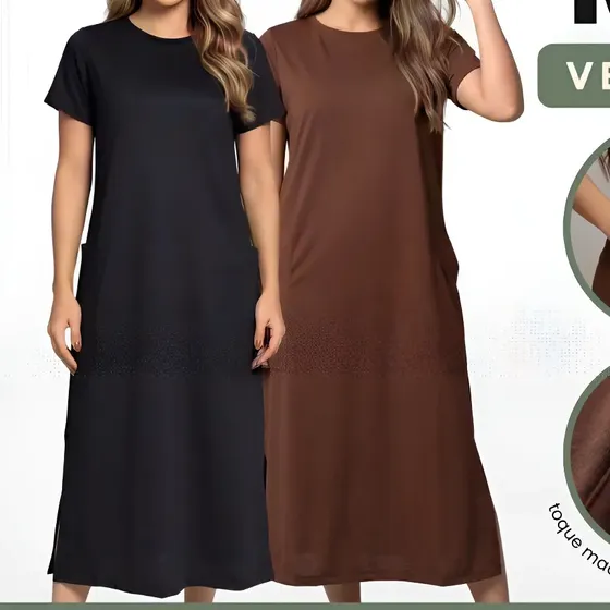 Kit 2 Vestido Midi Elegante Bolso Lateral Moda Comfy Casual
