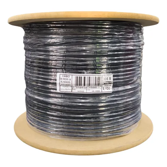 Cabo Lan Cat6 F/utp Blindado Patch Cord Preto 305m + Brinde