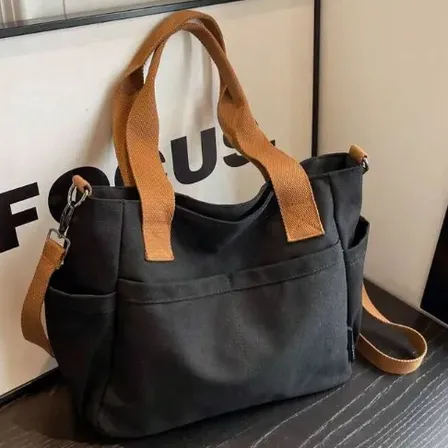 Bolsa Tote Em Lona Com Vários Bolsos 34x28x14 Cm Black