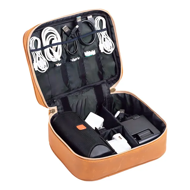Organizador de Cables Estuche para Cables y Cargadores Estuche de Viaje Porta Cables 100% Piel Hecho en México Color Café Claro