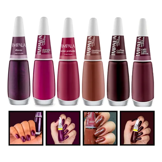 Kit De Esmaltes Impala 6 Cores Tons Escuros Roxo Marrom Rosa