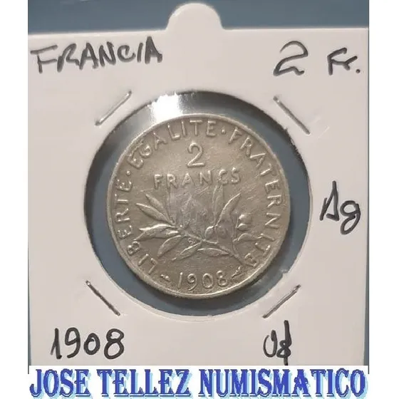 Francia Moneda 2 Francos Año 1908  Plata Excelente Palermo