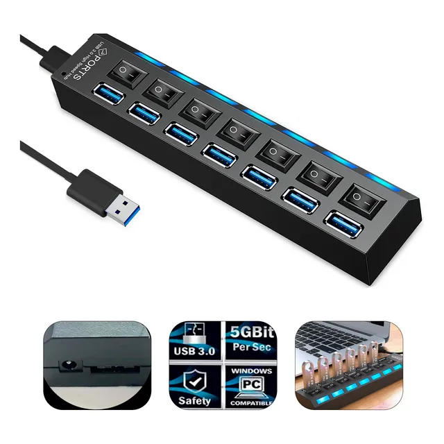 Hub Usb 7 Puertos 3.0 De Alta Velocidad Con Indicador Led 