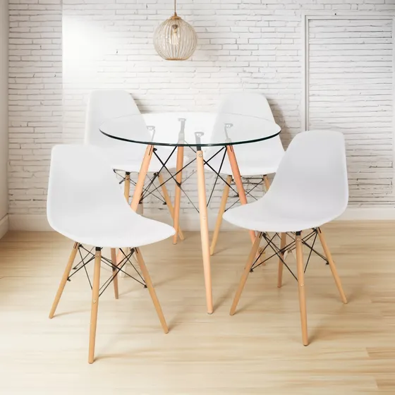 Kit Mesa Eames Minimalista Vidrio Y 4 Sillas Eames Blancas