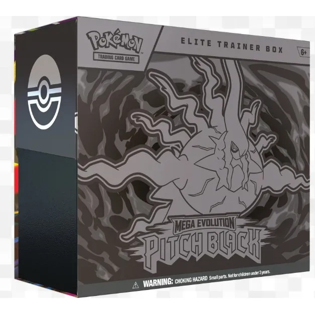 Caixa Elite Trainer Box Pokémon TCG Mega Evolution Pitch Black com arte em tons de cinza e preto