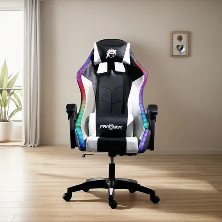 Silla Panther Gamer Reclinable White Black Rainbow Rgb