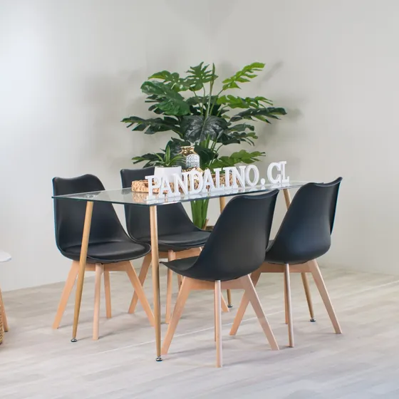 Comedor Minimalista | Mesa Vidrio 120x80 + 4 Sillas Tulip Ne Negro