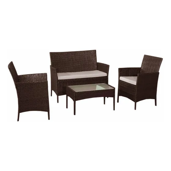 Set Juego De Jardin 4 Piezas Patio Rattan Mesa De Vidrio Color Marrón
