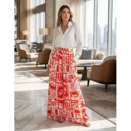 Calça Pantalona Feminina Estampada Elástico Cintura Alta Simplicidade Brasileira M