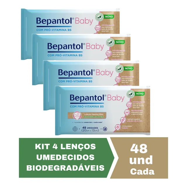 Kit Com 4 Lenços Umedecidos Bepantol Biodegradável 48un Cada