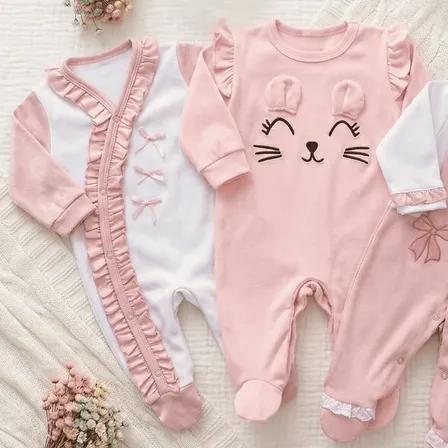 Kit Macacões Menina 3 Peças 100% Algodão Rosa P