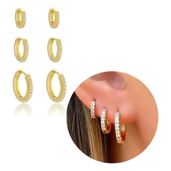 Trio De Brincos Argolas Finas Cravejadas Banho Ouro 18k