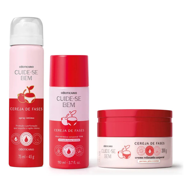 Kit com três produtos da linha Cuide-se Bem Cereja de Fases do O Boticário, incluindo um spray íntimo, um óleo térmico corporal e um pote de creme relaxante, dispostos sobre fundo branco.