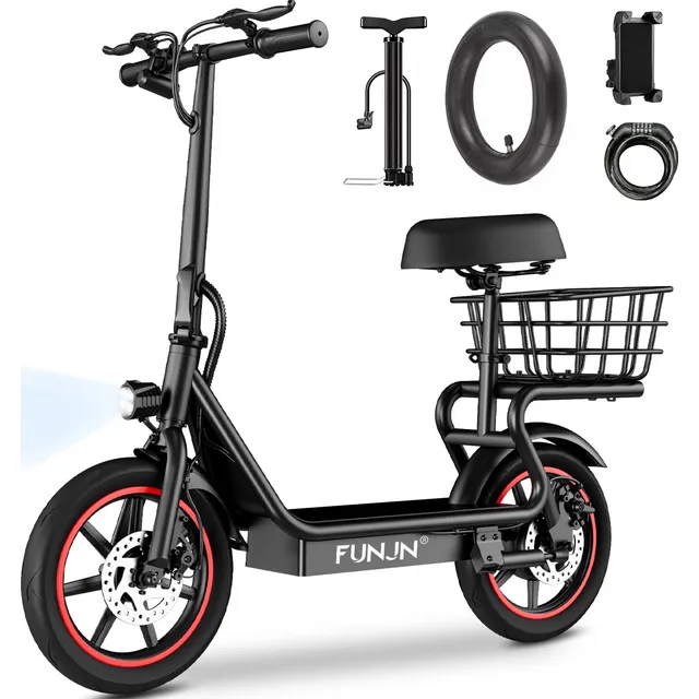 Funjn e11 Scooter Eléctrico Plegable Con Asiento 32km/h-velocidad 45km-autonomía Max Batería 13ah Motor Color Negro Con Rojo Funjn Patin Electrico