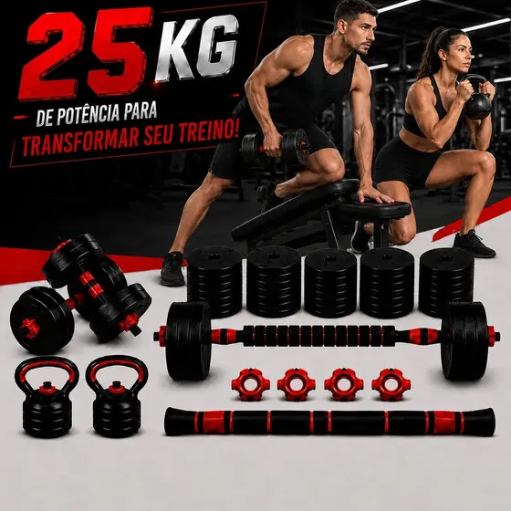 Kit Halteres 25kg Barra Anilhas Musculação Kettlebell Ajustaveis Peso Academia Fit Treino Em Casa Emborrachado Kit Completo Ajustavel Halter Preto Anilha Barras Fitness Regulavel Musculacao Dumbbel