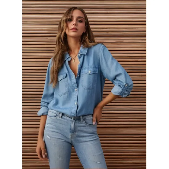 .1 Camisa Vaquera De Manga Larga Informal A La Moda For
