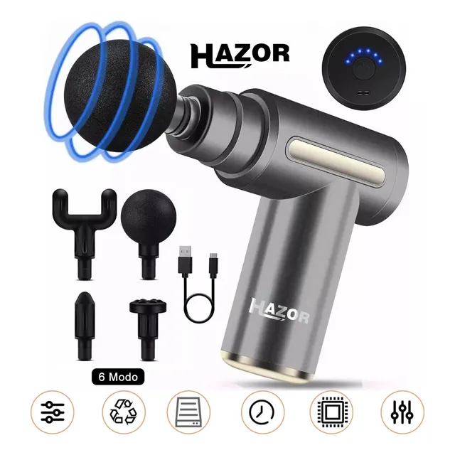 Pistola De Masaje Muscular Hazor De 6 Modos Para Relajación Y Alivio Del Dolor, Gris, Masajeador De Espalda, Cuello Y Pies, Pistola De Masaje De Mano Ajustable Con 4 Cabezales De Masaje.
