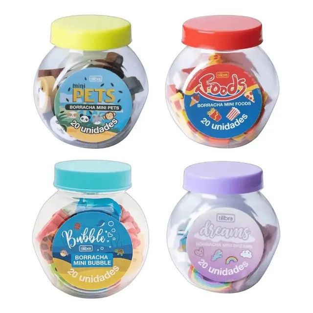 Kit 4 Potinhos De Mini Borrachas Fofa Tilibra - 80 Borrachas