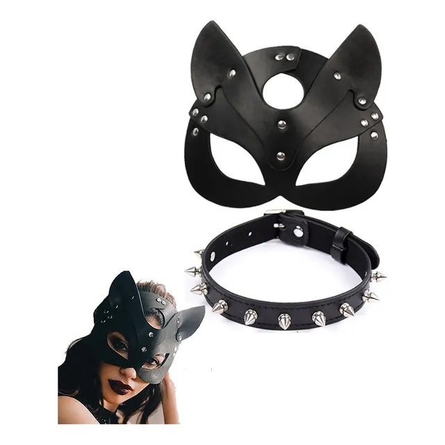 Máscara Antifaz Tachas Gatubela + Collar Puntas Gatita