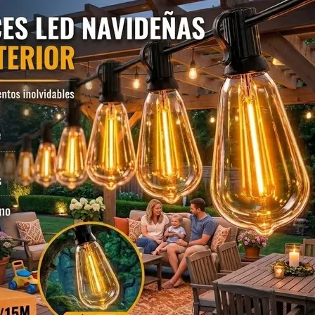 15m Led Guirnalda De Luces 25+2 Focos Vintage Impermeable Blanco Cálido