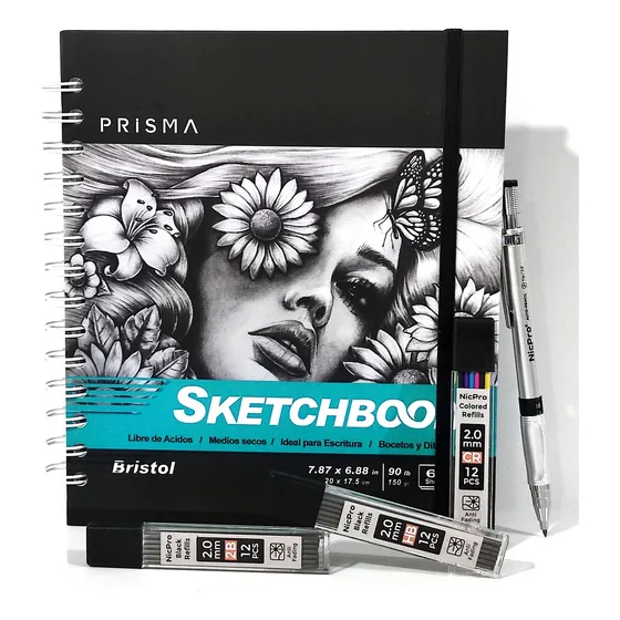 Kit De Dibujo/sketchbook/lápiz Mecánico Nicpro+3pack De Mina