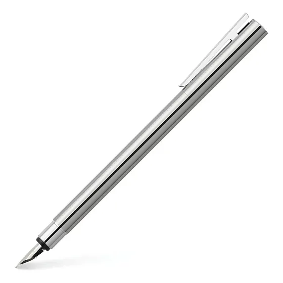 Pluma Punta M Shiny Stainless Steel - Faber Castell Neo Slim Plateado Azul