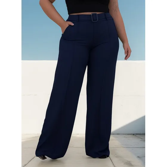 Calça Feminina Plus Size Pantalona Elástico Fivela Social
