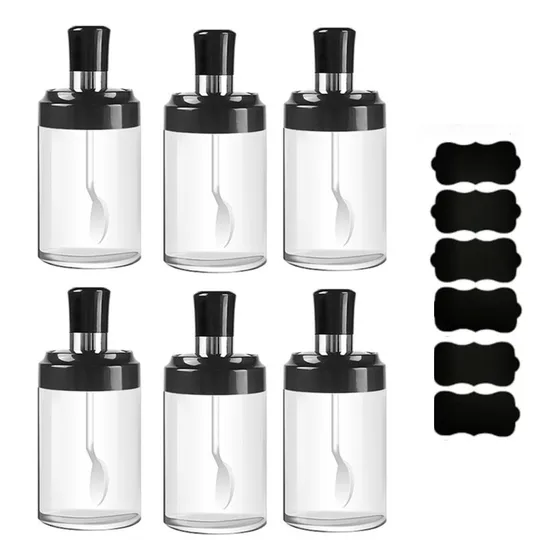 Tenha em Casa Kit 6 Potes Vidro Com Colher Temperos Condimentos Sal Açúcar Hermético Tampa Cozinha Organização