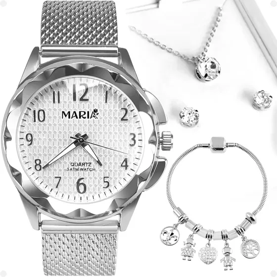 Relogio Feminino Prova Dagua Prata Elegante + Colar Brincos