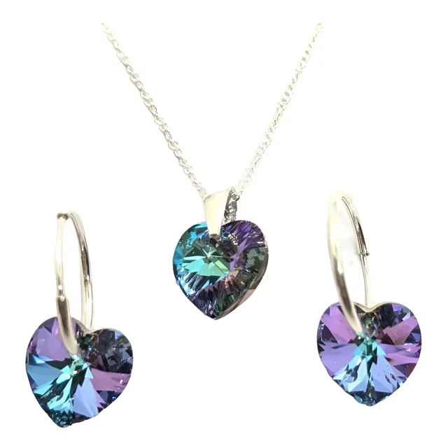 Conjunto Con Cristal Corazón Sw Cubanos Plata 925