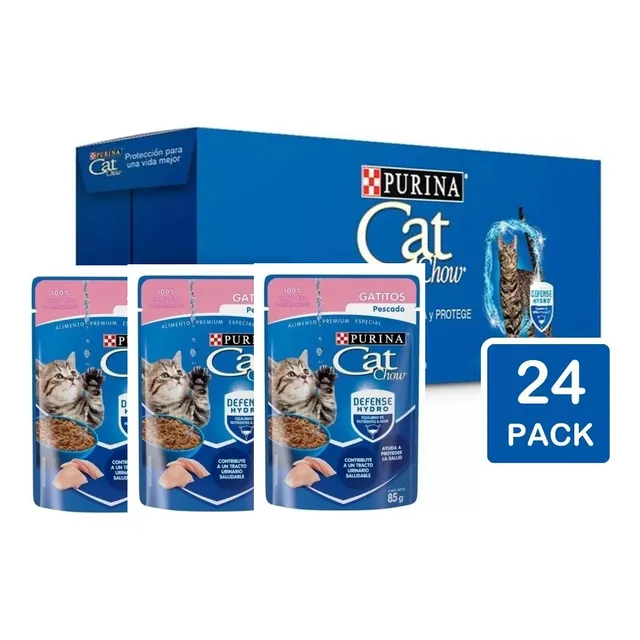 24 Sobres Cat Chow Hydro Defense Gatitos De Pescado 85g C/u