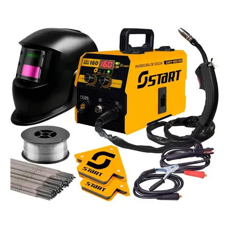 Máquina De Solda Inversora Mig 160a Sem Gás 3 Em 1 Tig Lift Eletrodo Easymig Start Com Mascara E Acessorios Amarelo 220v