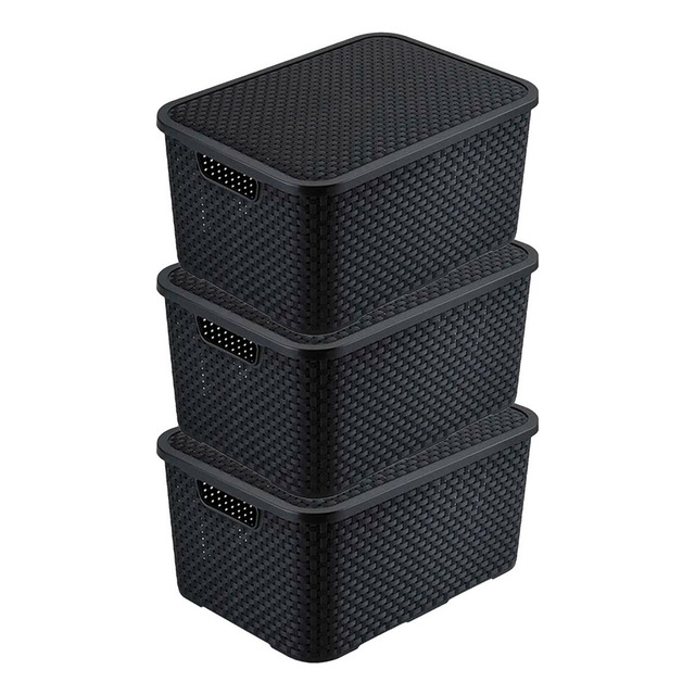 Kit 3 Caixas Organizadoras Rattan 20 Litros Com Tampa Preta Kit 3 Caixas Organizadoras Rattan 20 Litros Com Tampa Preta