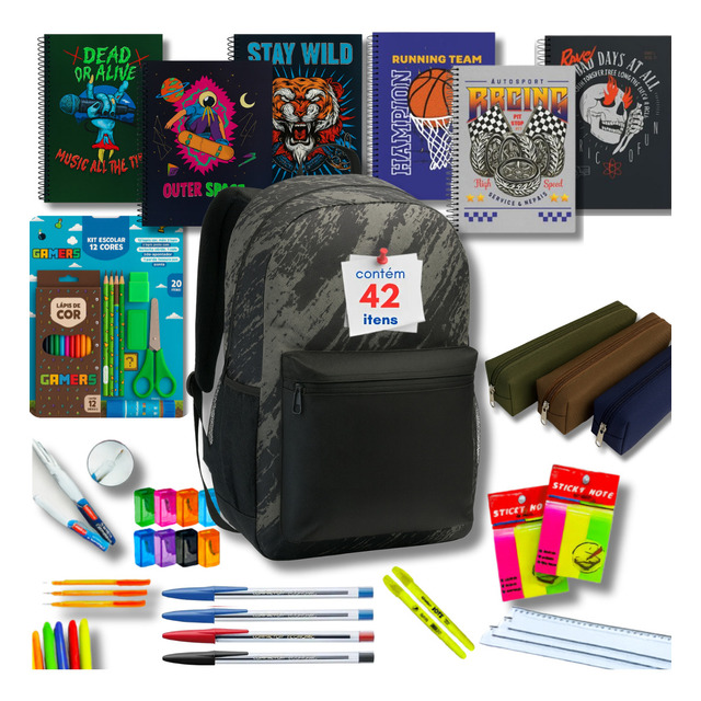 Kit Material Escolar Premium 42 Itens Mochila Estojo Caderno Canetas Masculino Mzcell