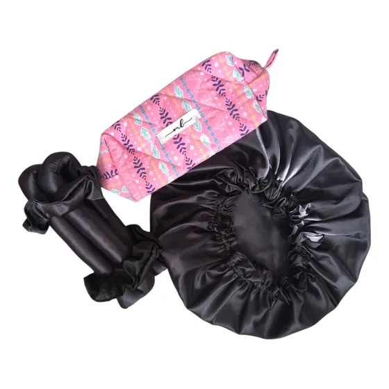 Combo Cuidado Capilar Gorro Satín Rizador Satín Cosmetiquera