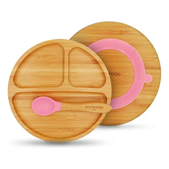 Plato Y Cubierto Para Bebé De Bambú Ecowood Antiderrapante Color Rosa Liso