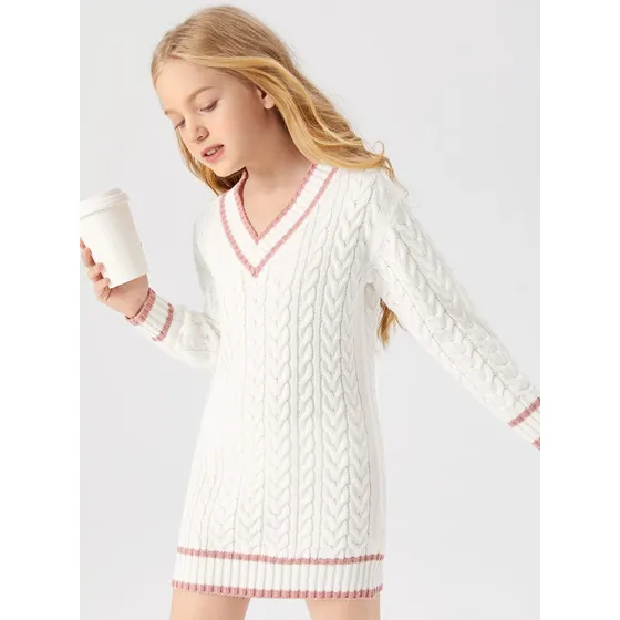 Shein Niñas Vestido De Punto Tejido De Cable De Rayas Ribete
