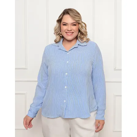 Camisa Plus Size Feminina Listrada Social Botão Clássica