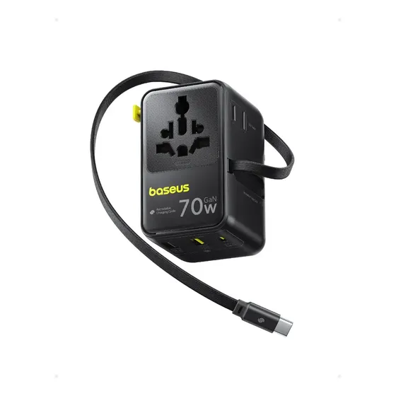 Baseus Cg11 70W Cargador Adaptador Enchufe Universal con Cable Retráctil, 2 AC + 2 USB A + 1 USB C, Adaptador de Corriente Internacional para EE. UU., Reino Unido, Japón, Tailandia, Australia