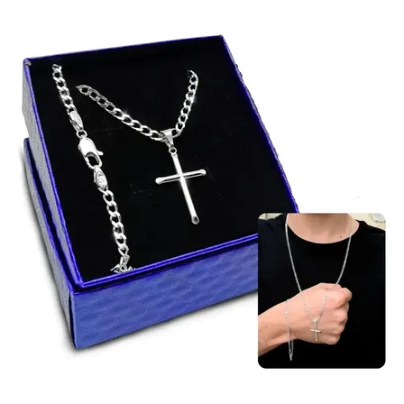Corrente + Pulseira Prata 925 Pingente Cruz Masculino Grumet Prateado