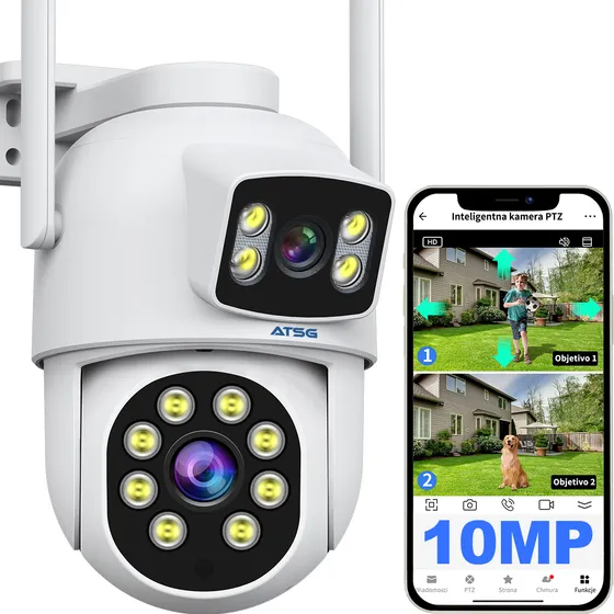 Atsg® Dual Camera Camara De Vigilancia Para Exteriores 2k Ip66 Resistente Conversación Bidireccional Seguimiento De Movimiento Alarma Móvil Visión Nocturna A Todo Color