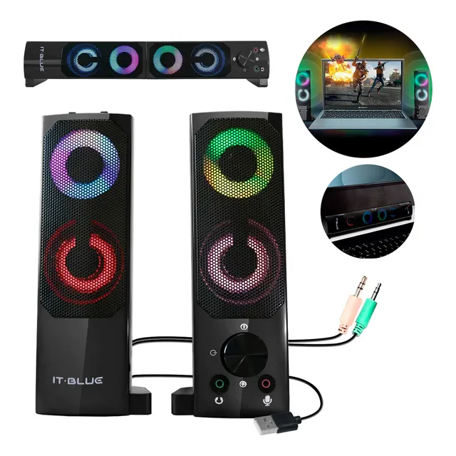 Barra De Sonido Divisible Para Pc, Laptop Y Portatiles Con Conexión Usb Y Jack 3.5mm, Sonido Estéreo 2.0 Slim Company Diseño Compacto Y Luces Led Rgb, 12w
