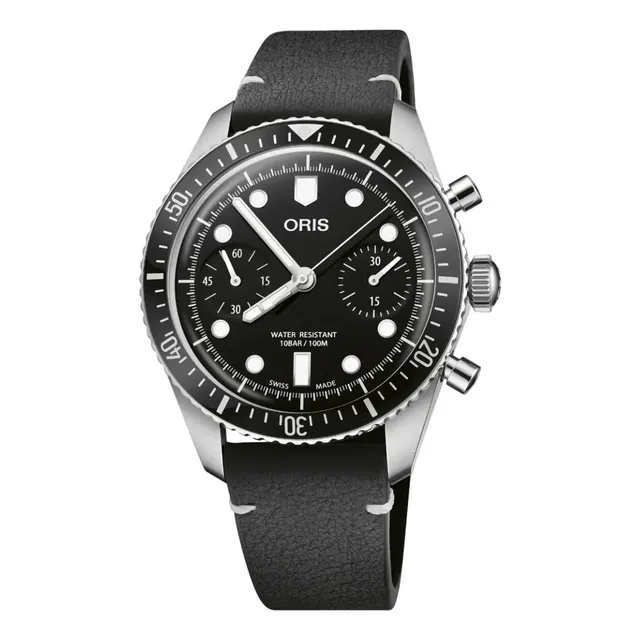 Reloj Oris Divers Sixty-five Chronograph 01 771 7791 4054-07 Correa Negro Bisel Plateado Fondo Negro