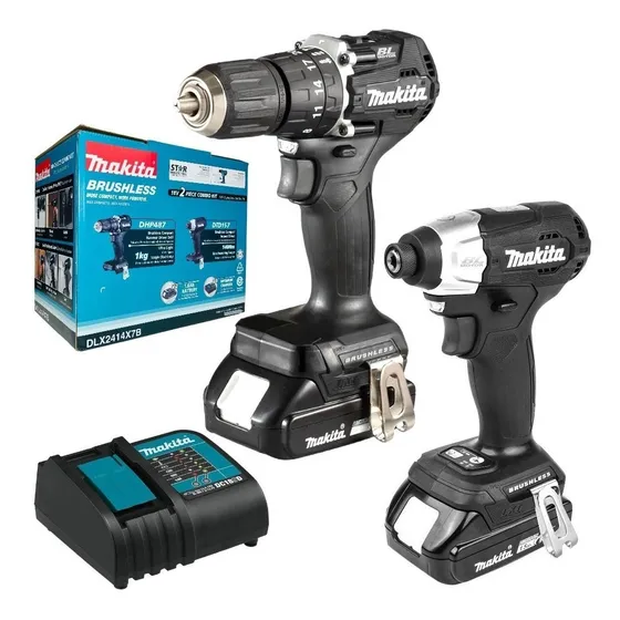 Kit Rotomartillo Inalambrico Y Atornillador Impacto 1/4 Makita Dlx2414x7b Brushless Color Negro