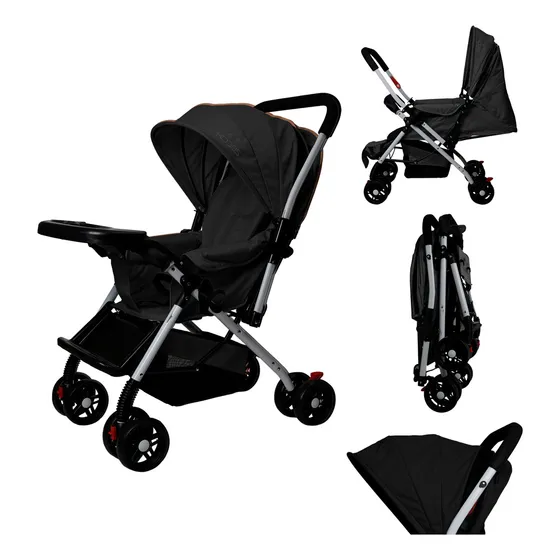 Carriola Reversible Para Bebe KIDDOS 2 En 1 Plegable Cómoda Practica Resistente Mango Antiderrapante Con Bambineto Descansa Pies Mosquitero Mesita Y Freno De Seguridad Color Negro